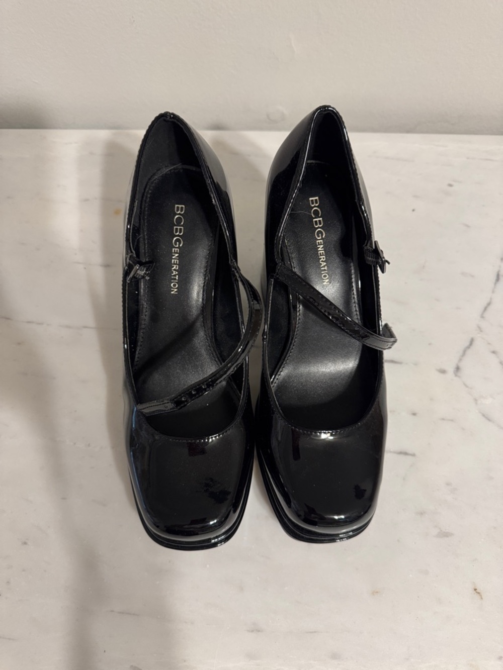 BCBGeneration Black Patent Square-Toe Mary Jane Heels